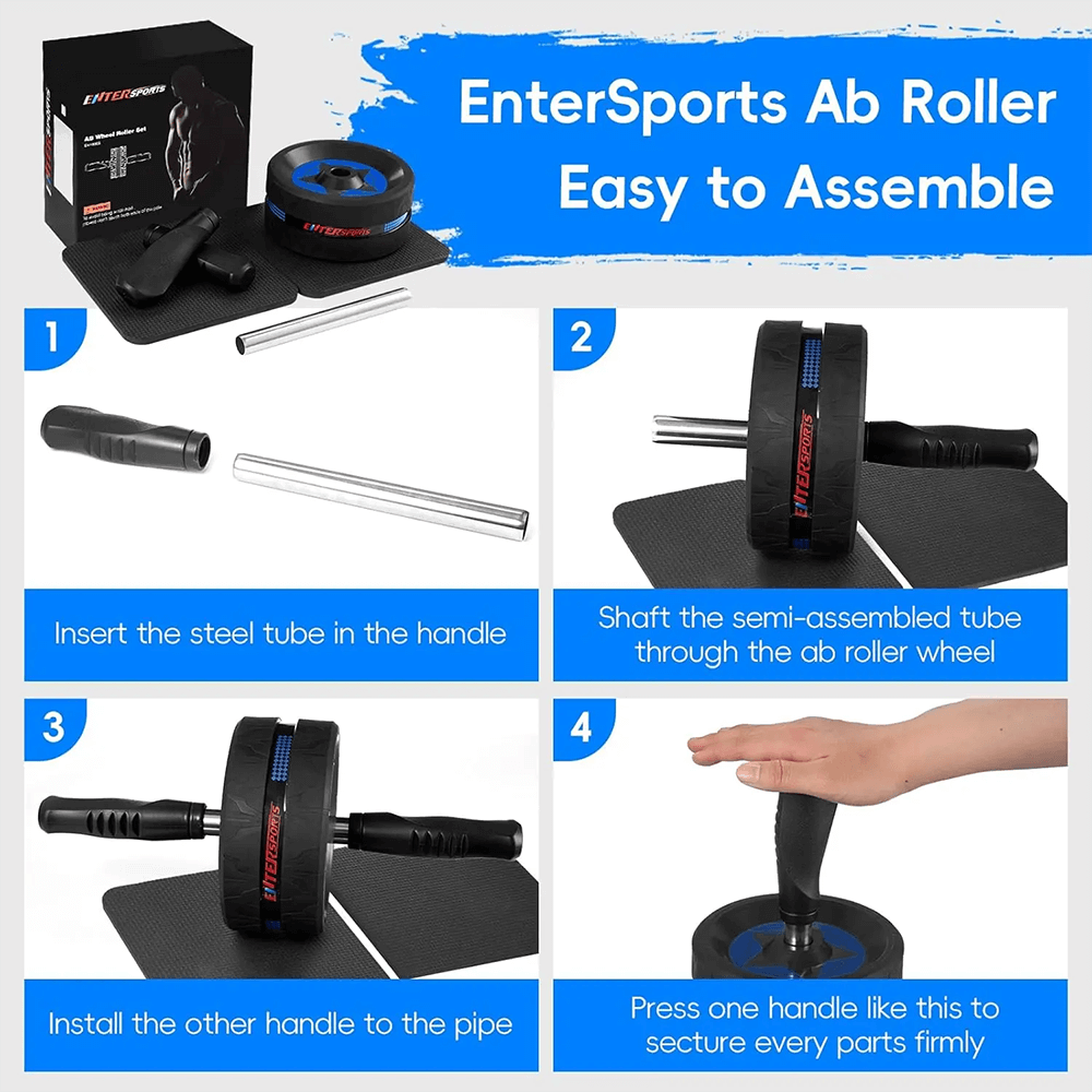 Step-by-step guide to assembling EnterSports Ab Roller with handles and knee pads for core workout.