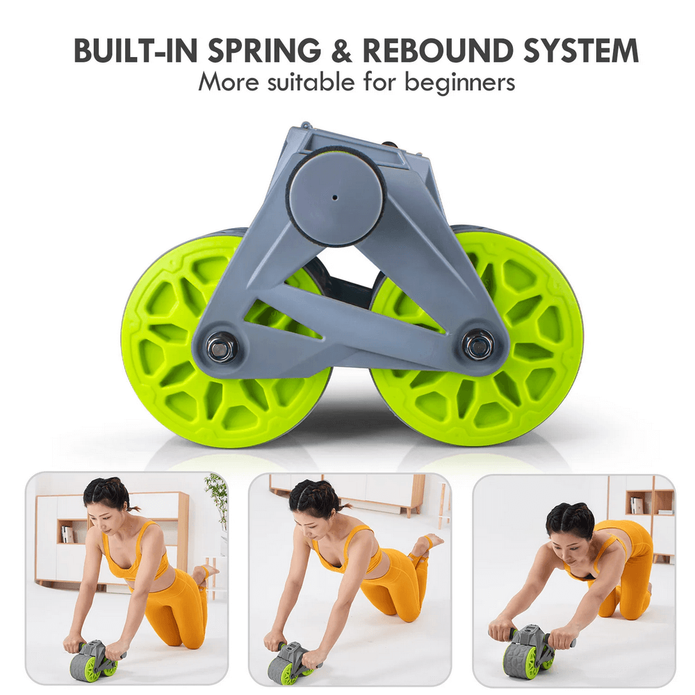 Ab Roller Wheel with Auto Rebound and Knee Pad SF3363 featuring dual-wheel system, foam grips, and workout demonstrations.