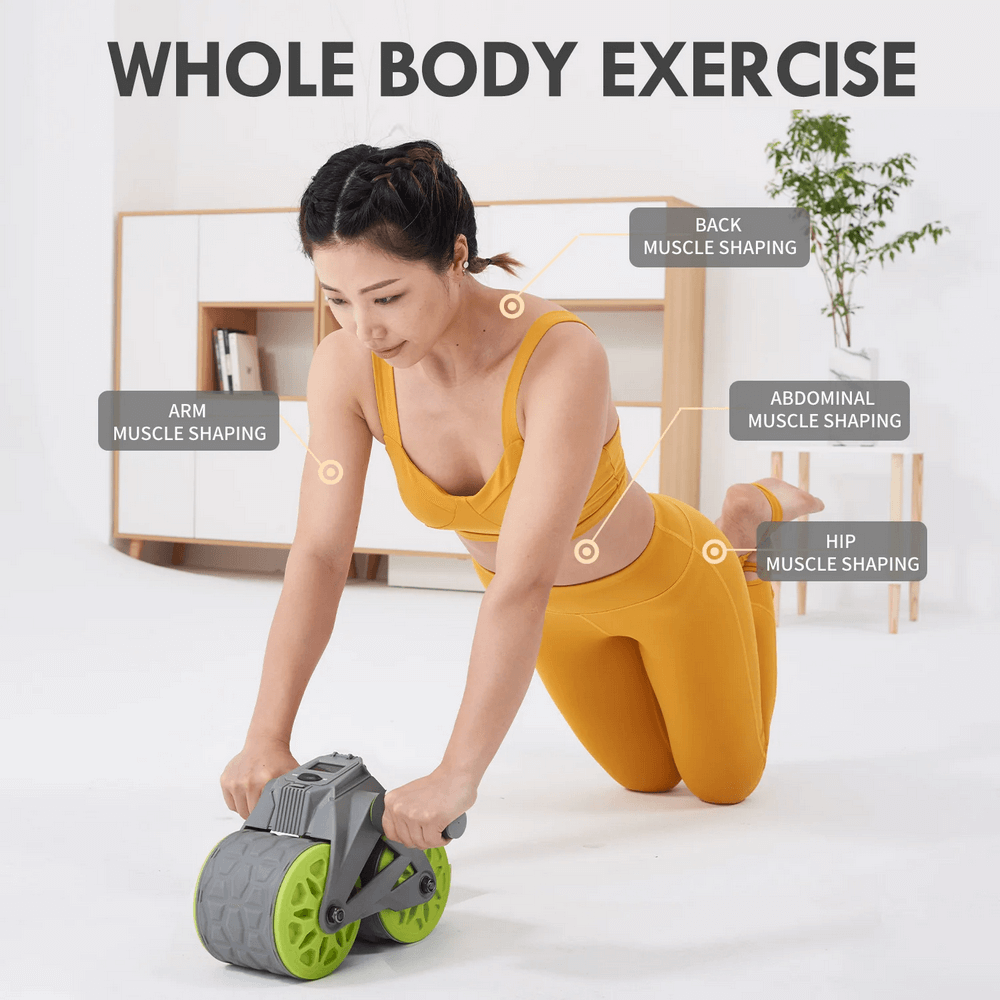 Woman using Ab Roller Wheel SF3363 with auto rebound for core training, targeting muscle shaping with knee pad support.