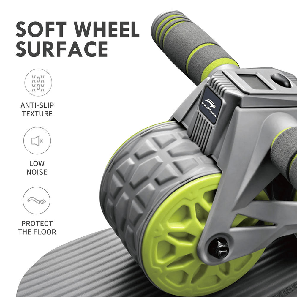 Ab Roller Wheel SF3363 with green dual wheels and foam grips shown on knee pad mat with auto rebound feature and display screen.
