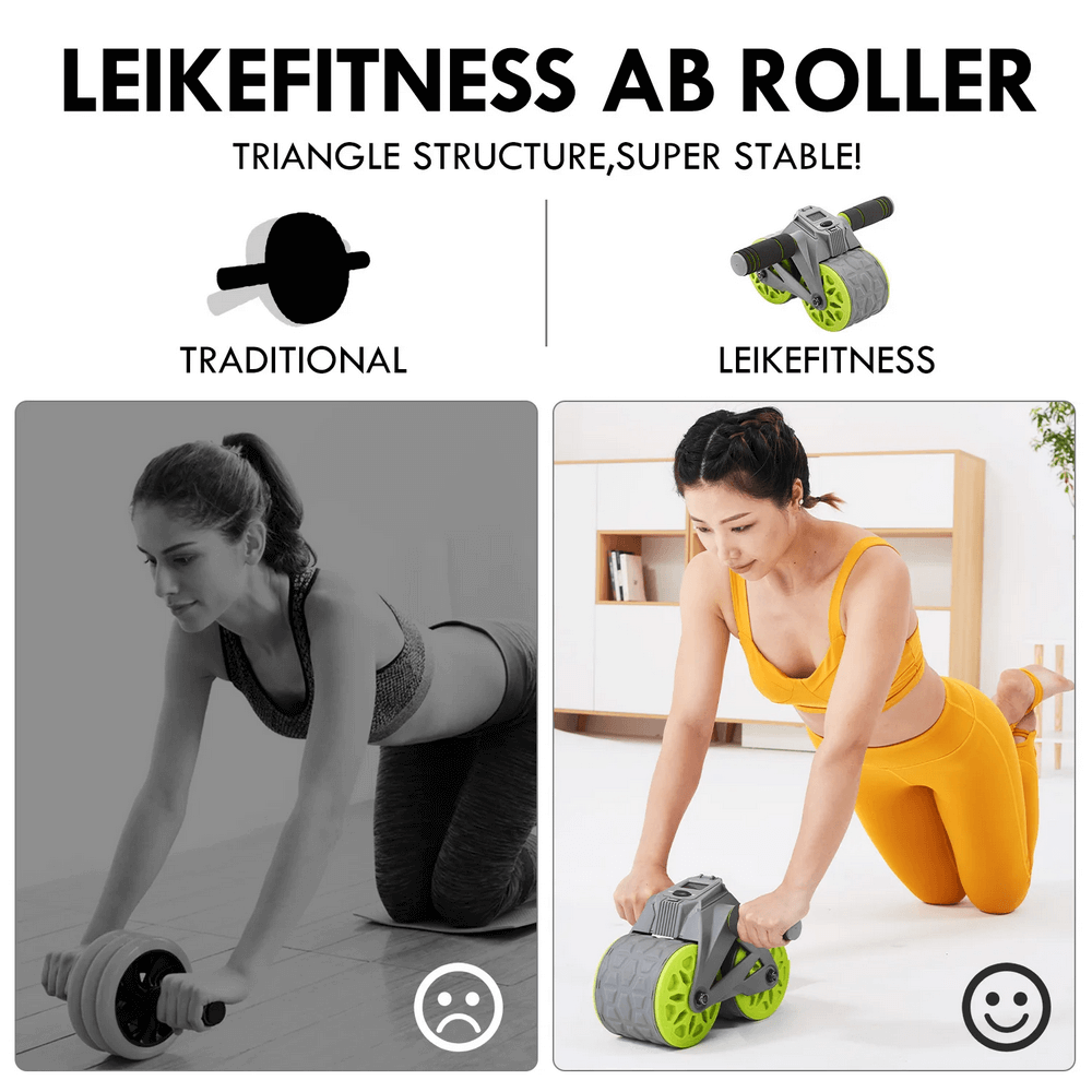 LeikeFitness Ab Roller with triangle structure and stability compared to traditional model, includes images of user exercising with it.