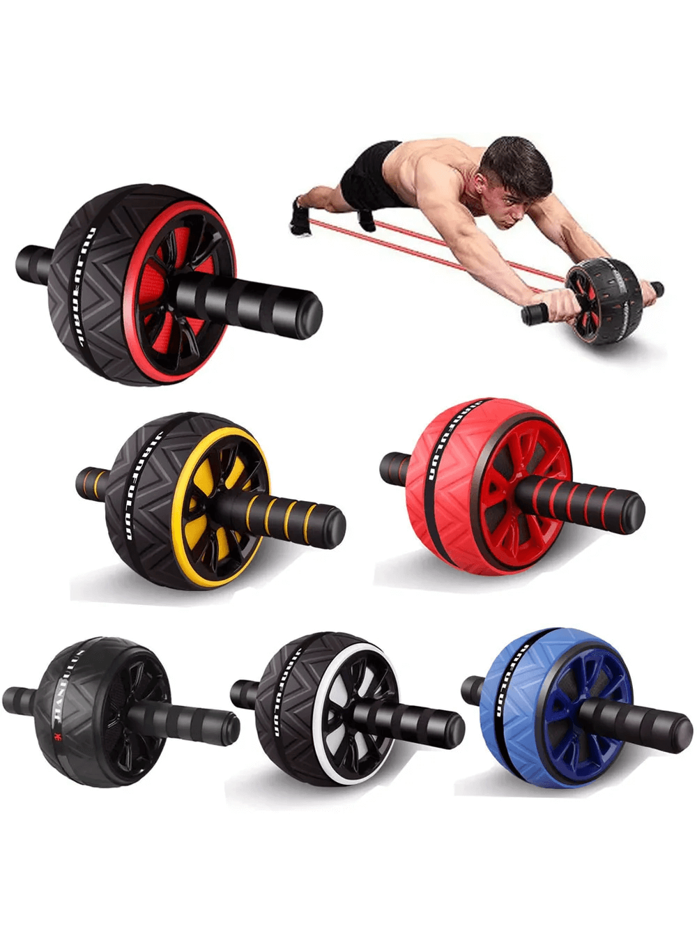 Unisex Ab Roller Wheel with Resistance Bands for Core Training and Home Fitness, features anti-slip handles in multiple colors.