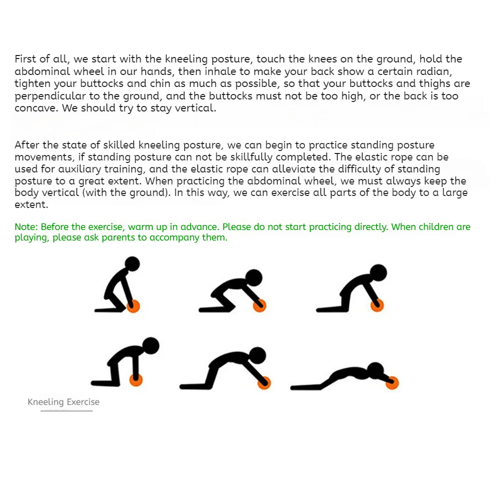 Illustrated guide for kneeling and standing posture exercises using an ab roller wheel.