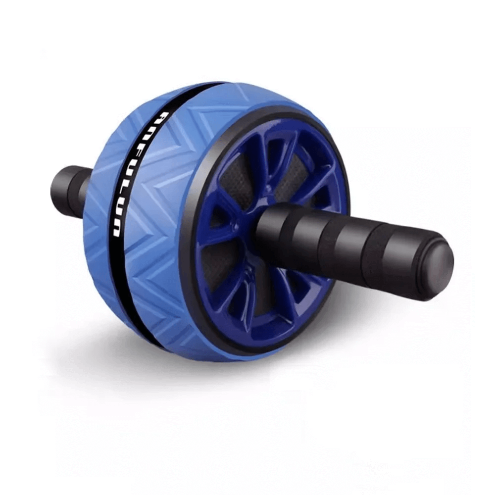 Blue ab roller wheel with anti-slip handles for core workouts, featuring dual wheels and compact design, ideal for all fitness levels.