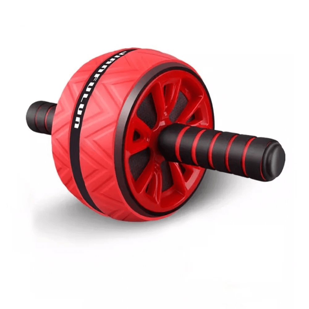 Red dual-wheel ab roller with anti-slip handles for core workouts and resistance training, ideal for home fitness and all fitness levels.