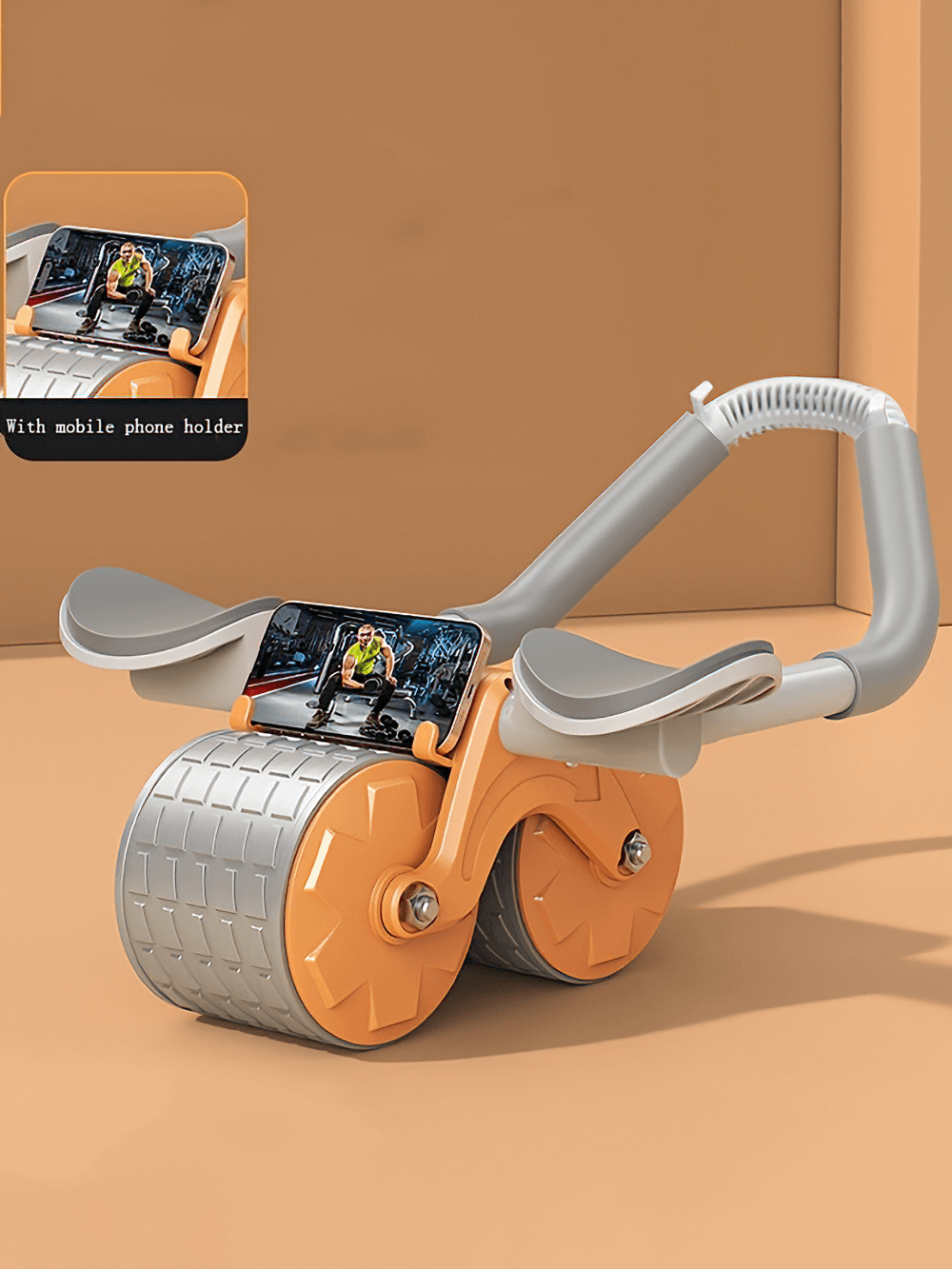 Orange and gray ab roller wheel with return assist and phone holder, perfect for strengthening core muscles at home.