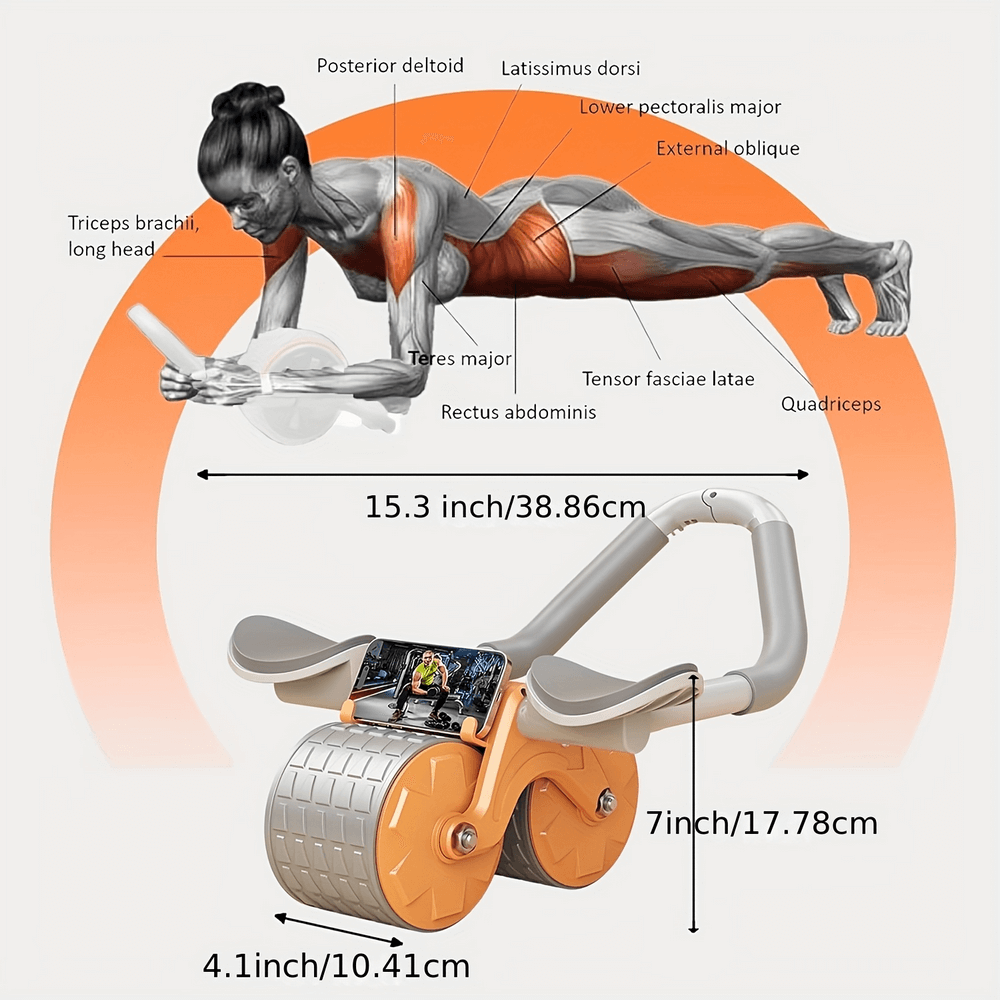 Diagram of a PVC ab roller with return assist, highlighting engaged muscles during core training. Measurements: 15.3x7x4.1 inches.