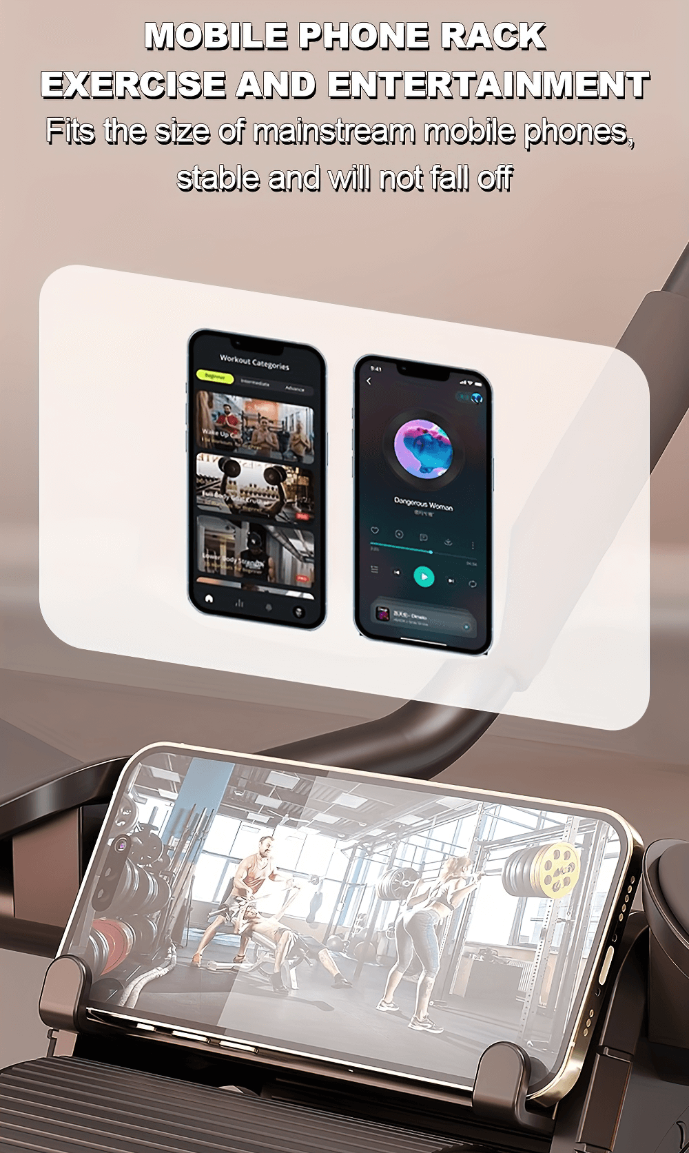 Mobile phone holder on exercise equipment showcasing stability and entertainment features during workouts.