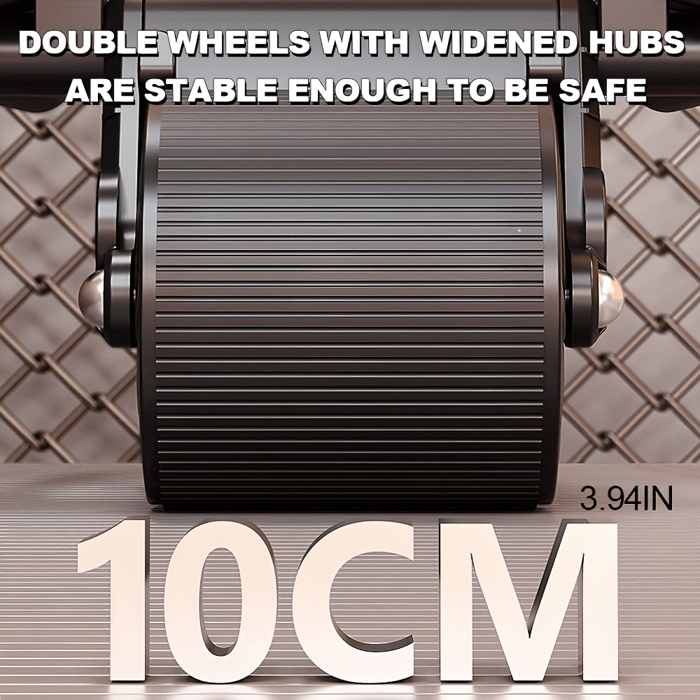 Close-up of wide 10cm double wheels on an ab roller highlighting stability and safety features.