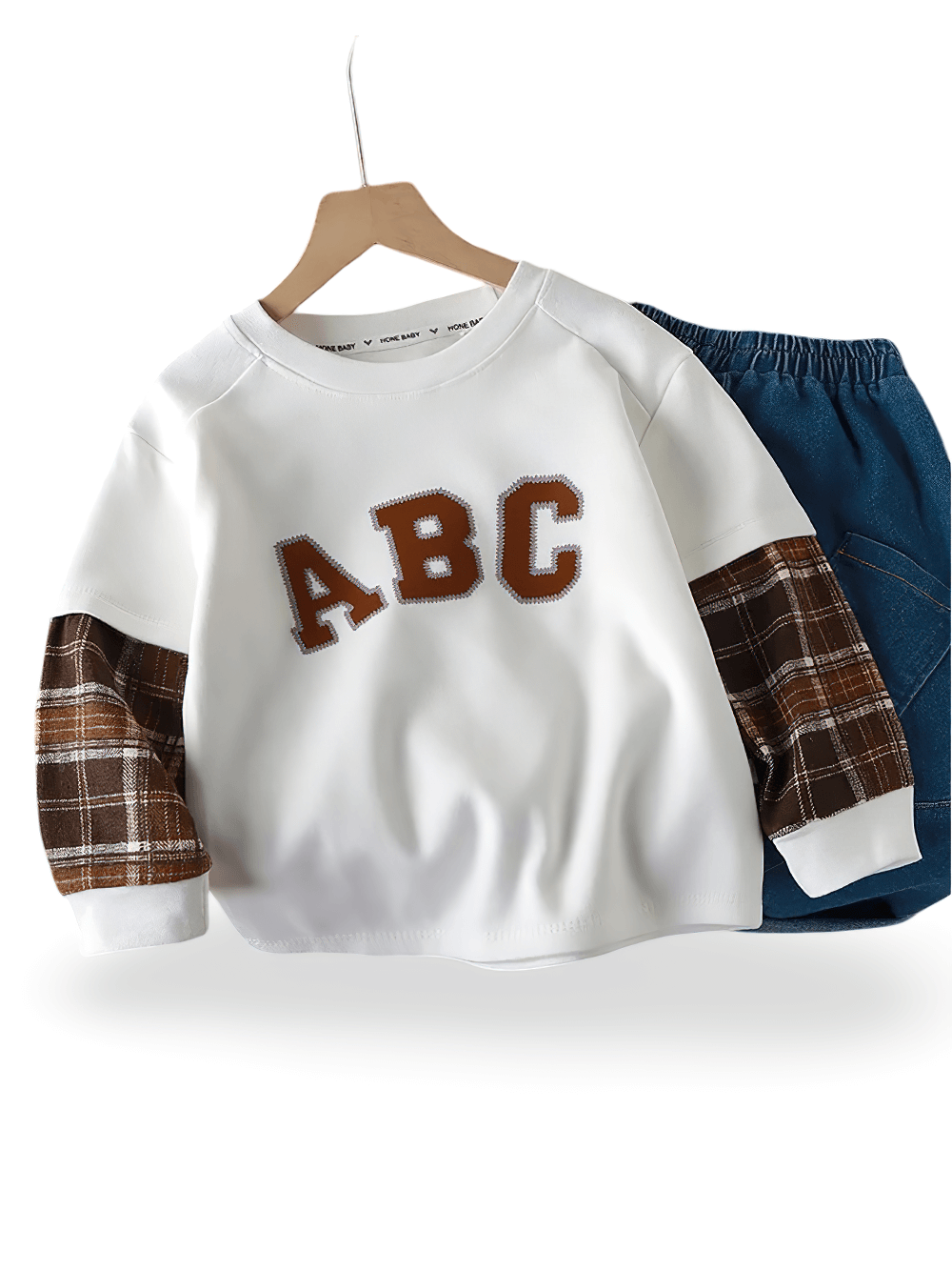 Kids ABC lettered sweatshirt with plaid sleeves, perfect for school or play.