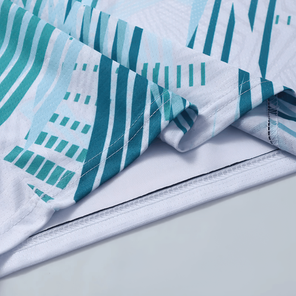 Abstract Print V-Neck Soccer Training Jersey - SF4624 close-up of fabric detail with teal and white graphic pattern