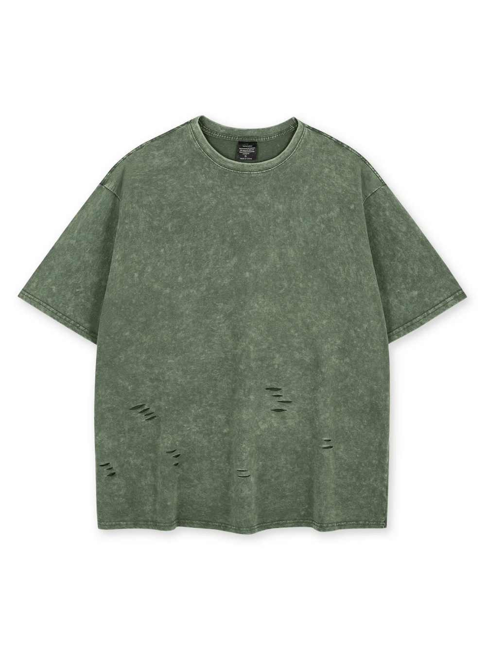 Acid Wash Distressed Oversized Solid Color T-Shirt - SF4755 in green with ripped details and mineral wash finish.