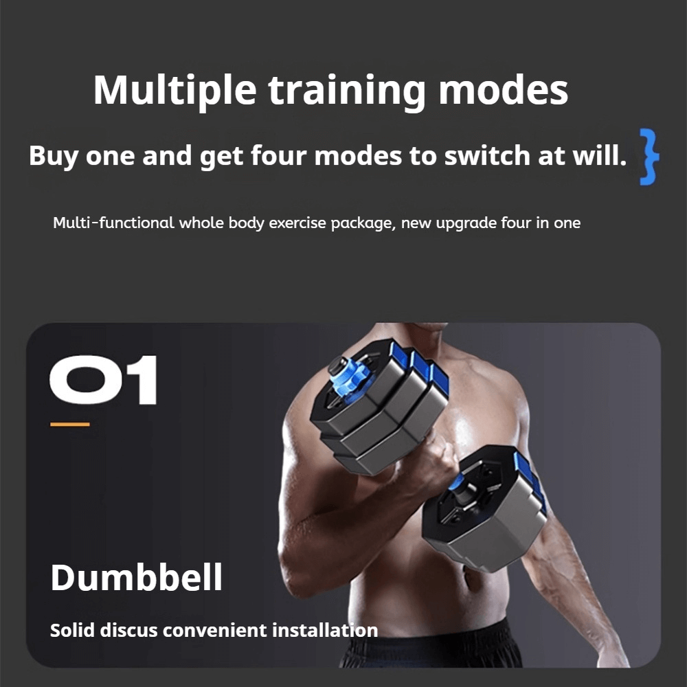 Man using adjustable 4-in-1 dumbbell set, showcasing multifunctional fitness equipment for diverse training modes.