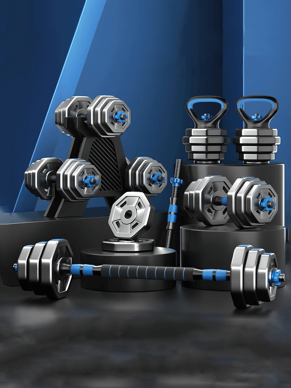 4-in-1 Adjustable Dumbbell and Barbell Set SF2923 with kettlebell feature for home gym strength training.