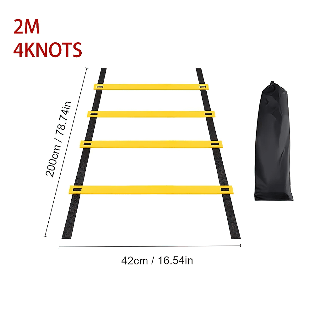Adjustable agility ladder SF3168 shown with yellow rungs, perfect for speed and footwork drills, includes carry bag.