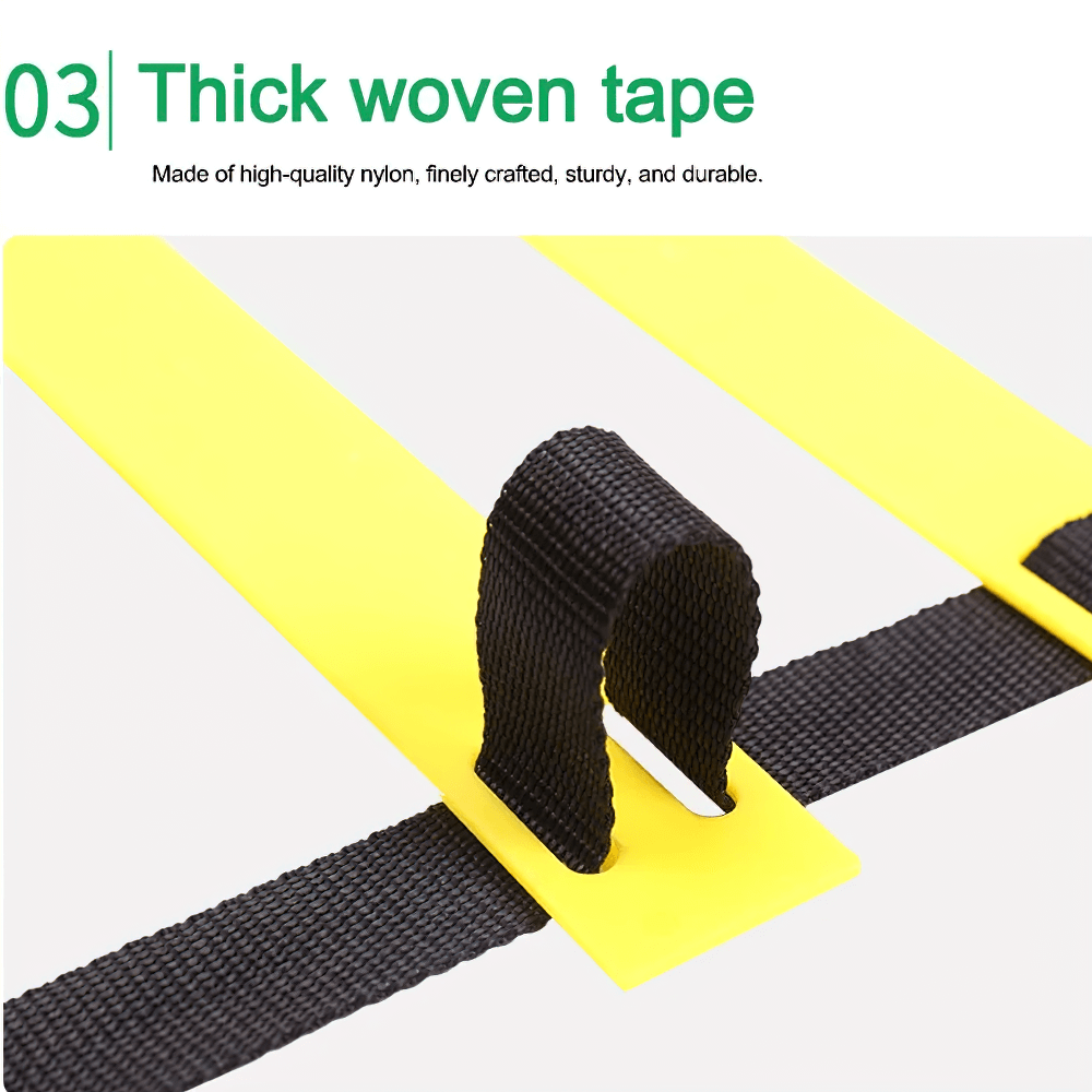 Close-up of yellow adjustable agility ladder rungs with black thick woven tape, highlighting durable construction for sports training.