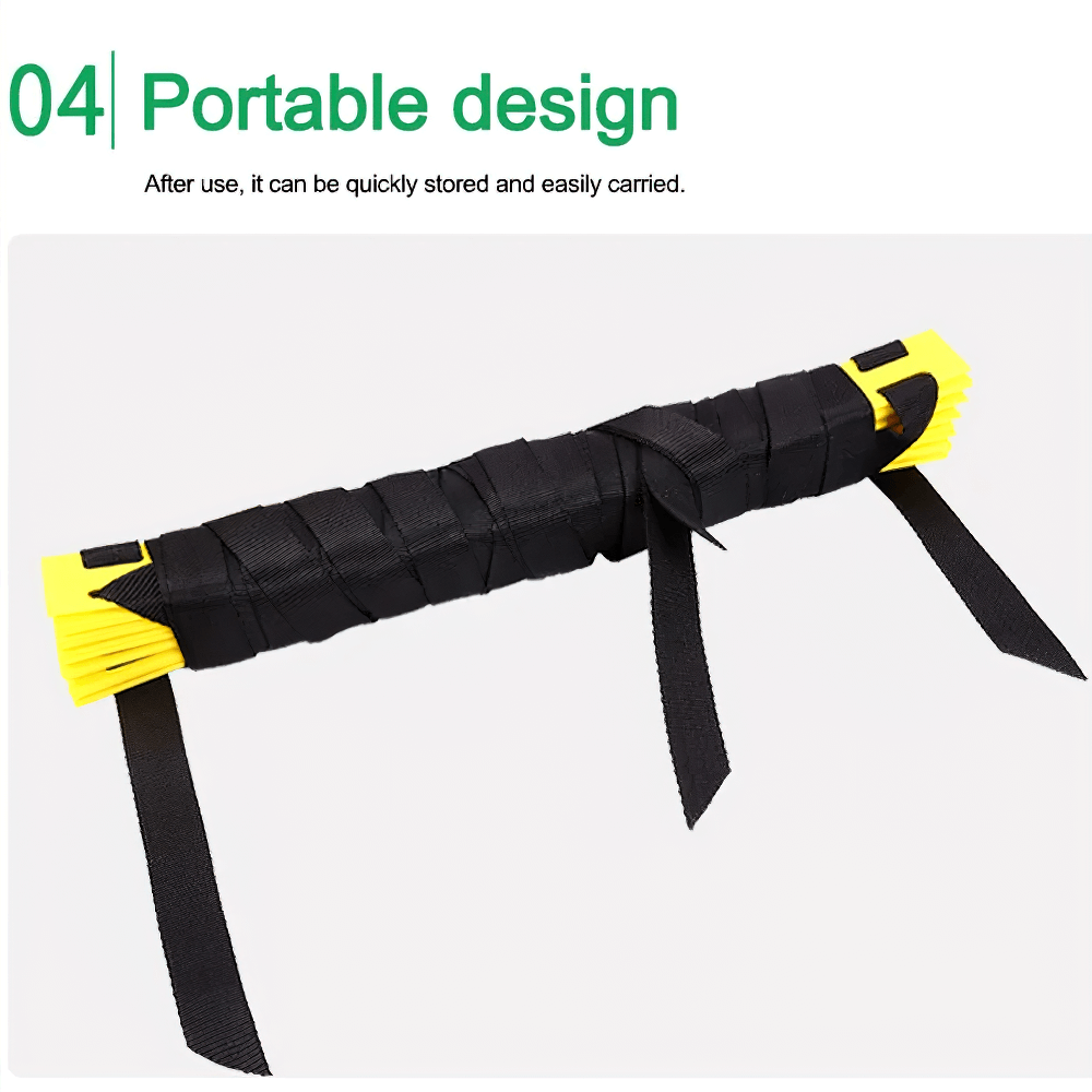 Folded adjustable agility ladder with straps, highlighting its portable design for easy storage and transport. Ideal for speed and footwork training.