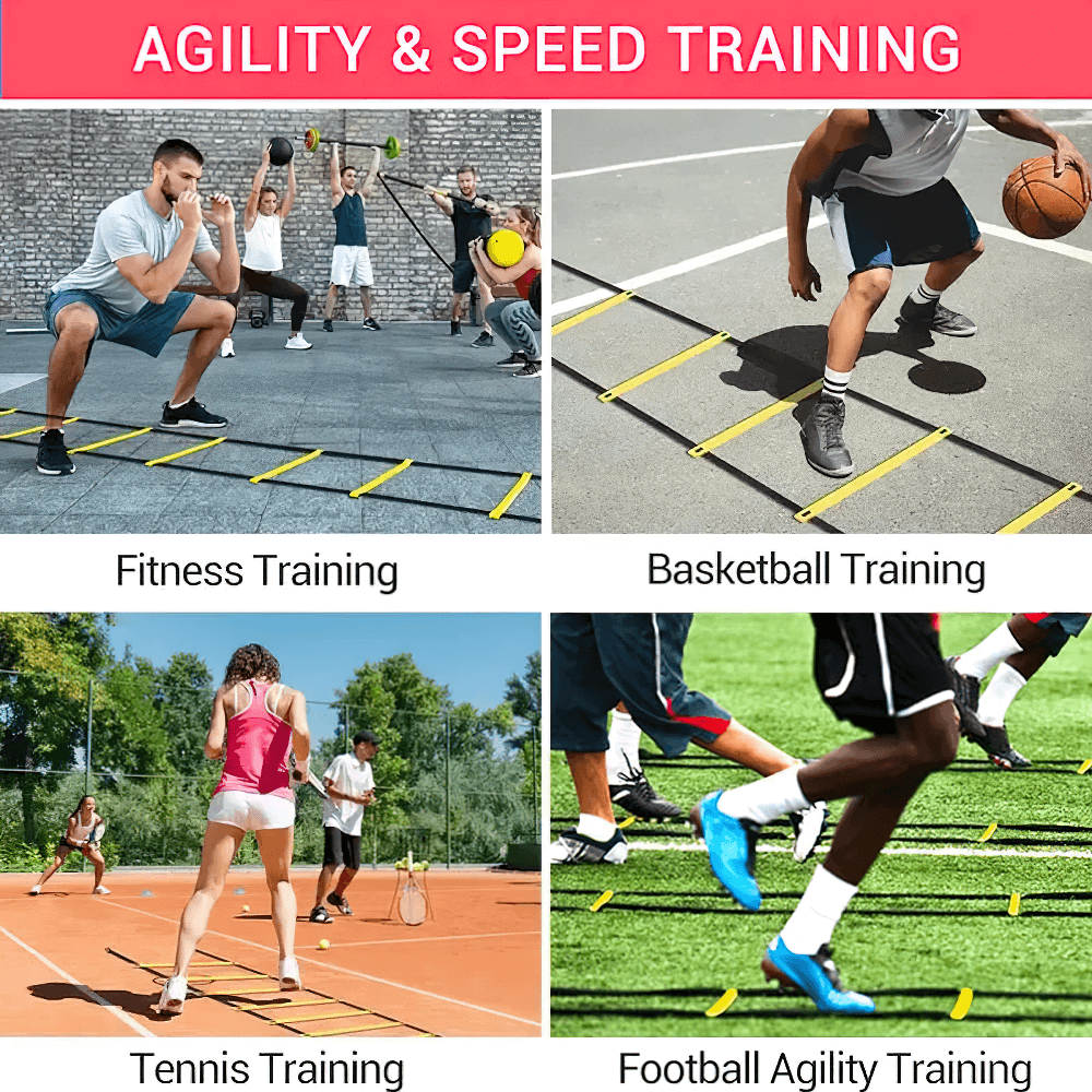 Collage of athletes using agility ladders: fitness, basketball, tennis, football training.