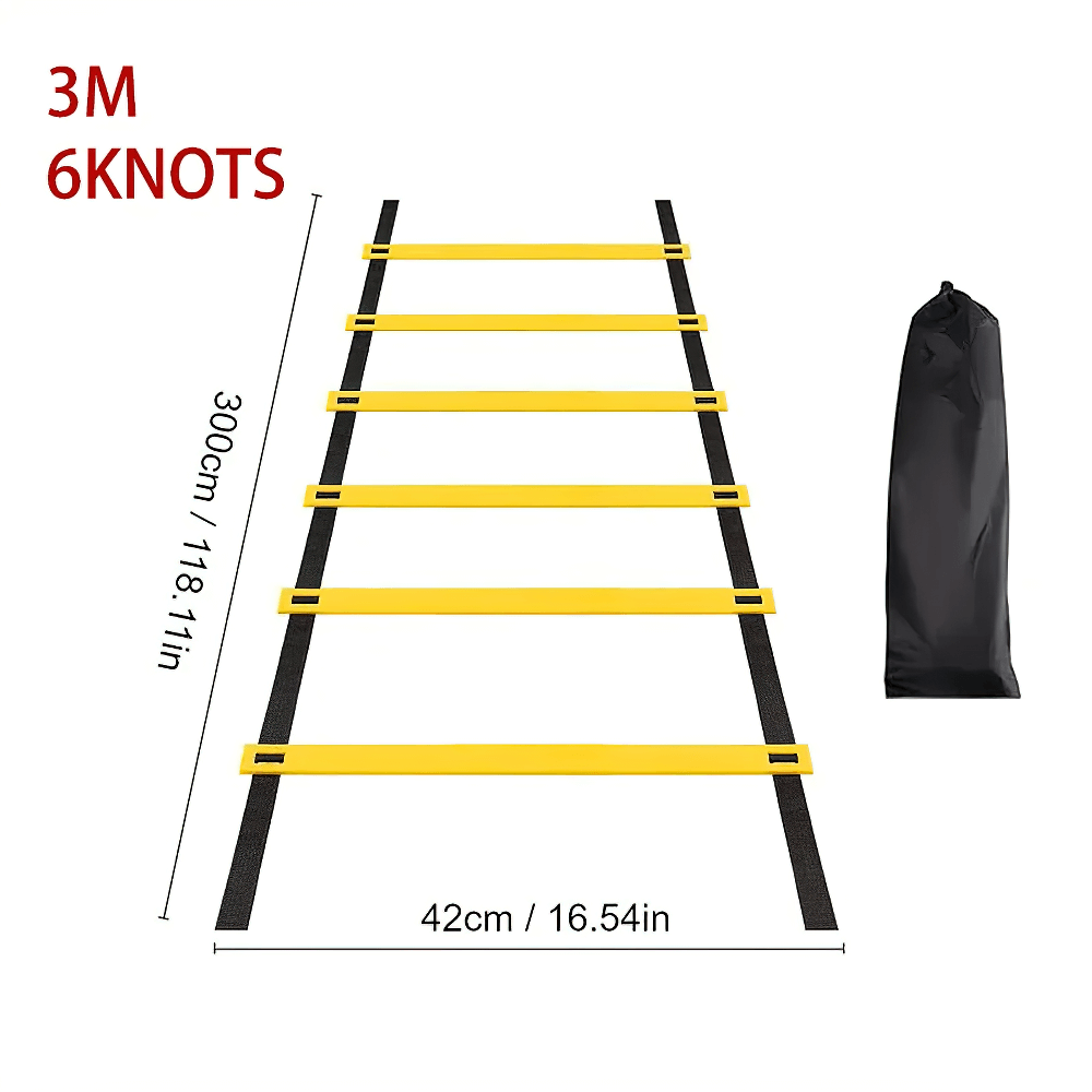 Yellow adjustable agility ladder with 6 rungs and black straps, 3m length, shown next to black carry bag for speed and footwork training.