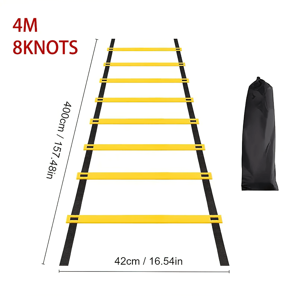 Adjustable agility ladder with 8 knots, 4m length, perfect for speed training and workouts. Includes carry bag, ideal for indoor or outdoor use.