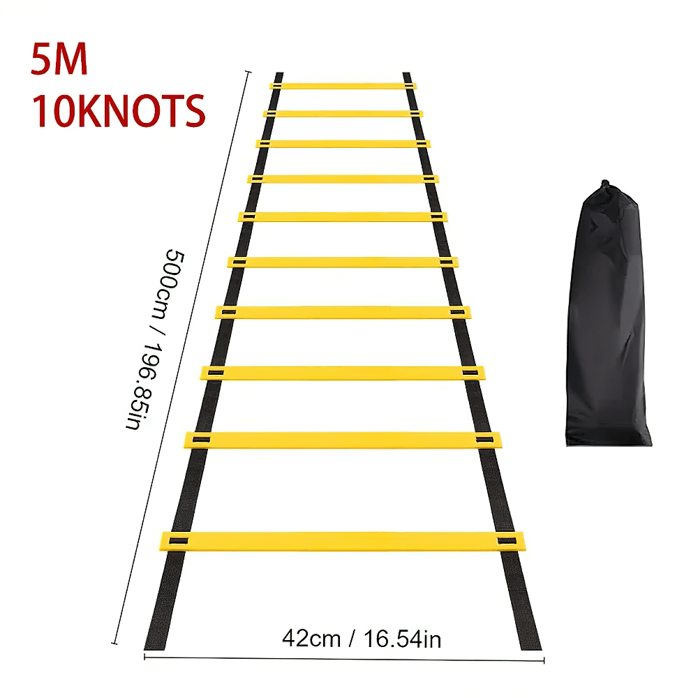 5-meter adjustable agility ladder with 10 knots for fitness training, includes storage bag, ideal for speed and footwork drills.