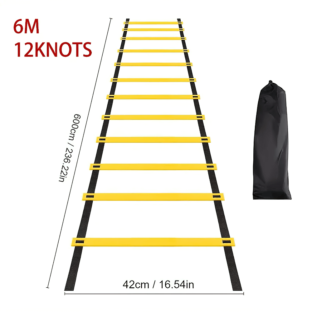 Adjustable agility ladder, 6m with 12 rungs, ideal for speed and footwork training, includes carrying bag, perfect for outdoor and indoor use.