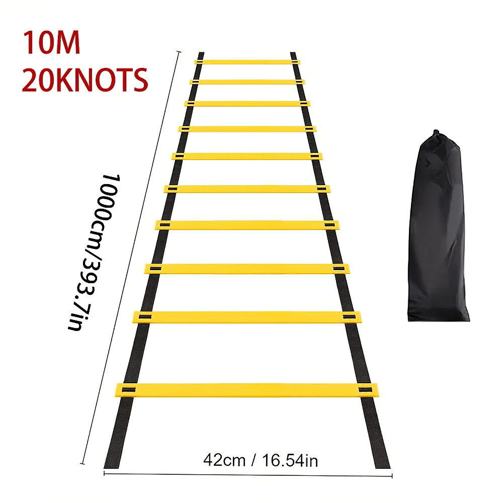 Yellow adjustable agility ladder with 10 meters, 20 knots, and a black carrying bag for speed and footwork training drills.