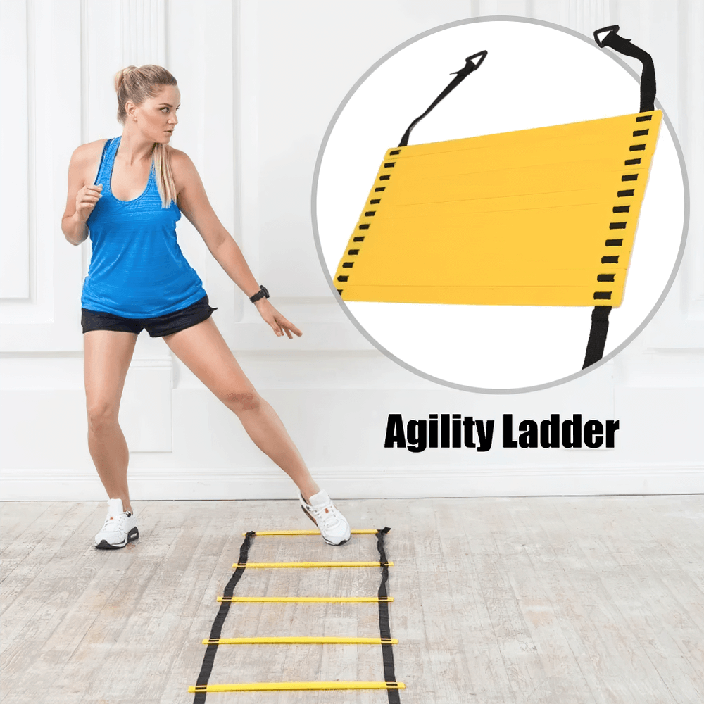 Woman demonstrates footwork on adjustable agility ladder for speed, made of durable PP material, perfect for training and cardio.
