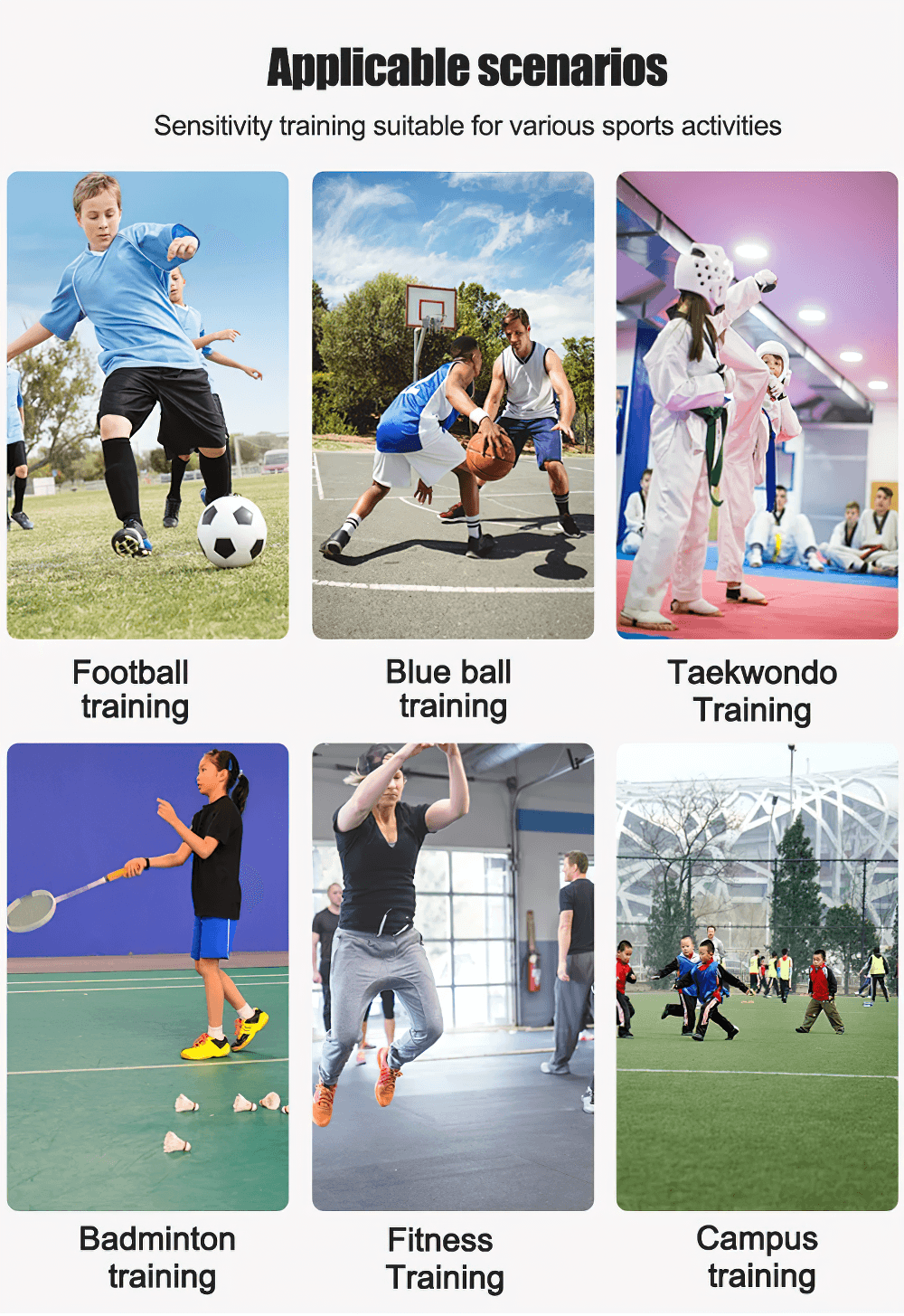 Collage of sports activities: football, basketball, taekwondo, badminton, fitness, and campus training.