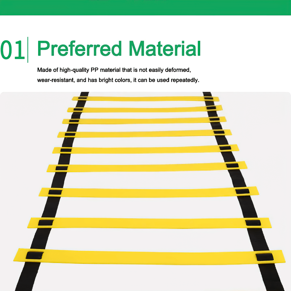 Yellow and black adjustable agility ladder for speed and footwork drills made from durable PP material, shown on white surface.