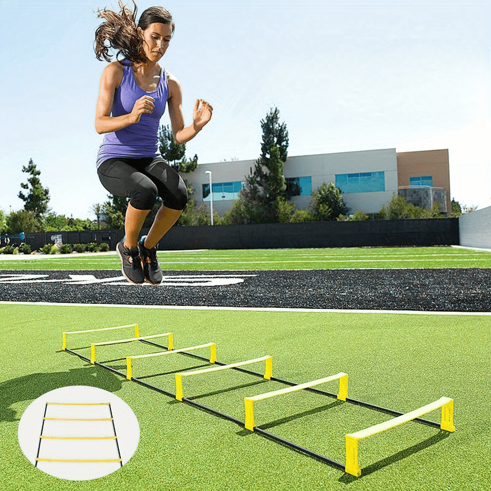 Woman using adjustable agility ladder for speed and coordination training outdoors, enhancing footwork and agility skills.