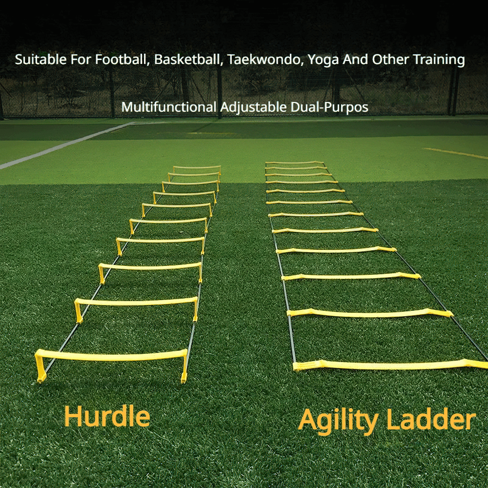 Agility and hurdle ladder set on grass field for multi-sport training in football, basketball, and yoga, enhancing speed and coordination.