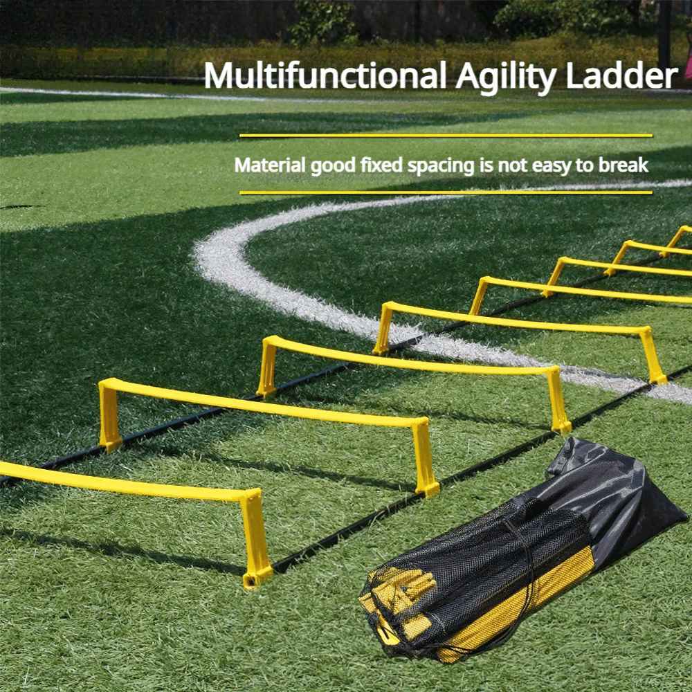 Yellow multifunctional agility ladder for speed and coordination training set on grass field, includes carry bag for easy transport.