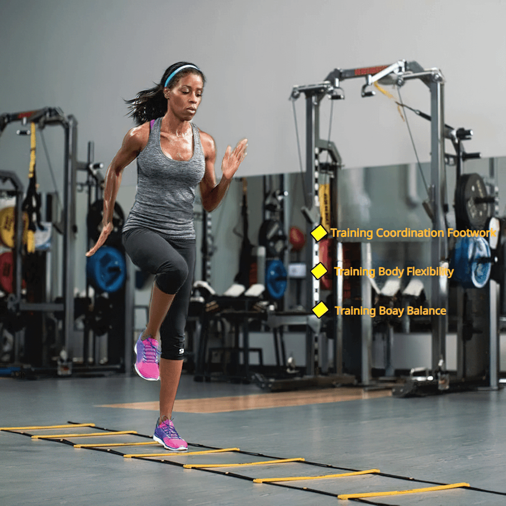 Athlete using adjustable agility ladder SF2746 for speed and coordination drills in the gym.