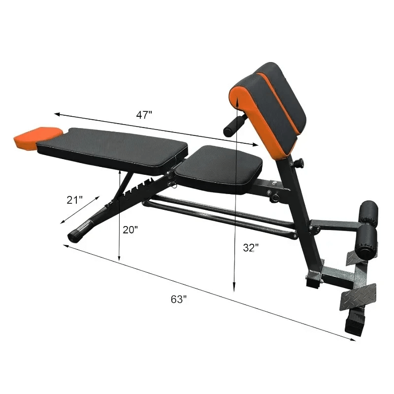 Adjustable All-in-One Weight Bench for Home Gym - SF3459 with dimensions showing incline and decline positions.