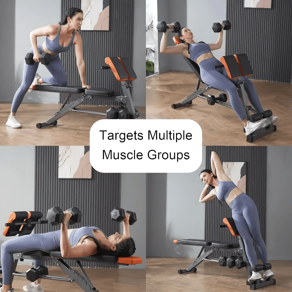 Adjustable All-in-One Weight Bench for Home Gym - SF3459 used in diverse exercises targeting multiple muscle groups.
