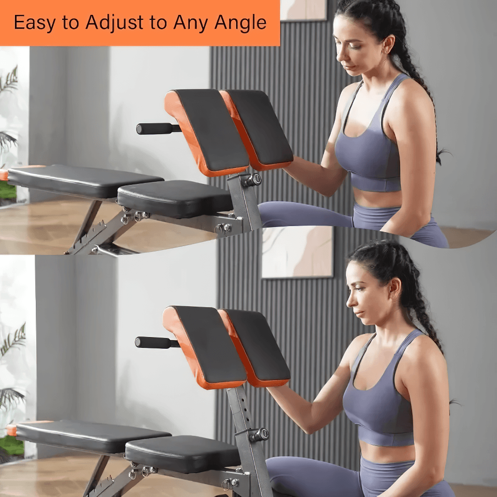 Woman using Adjustable All-in-One Weight Bench for Home Gym - SF3459 showcasing its multi-functional Roman chair and flat bench feature.