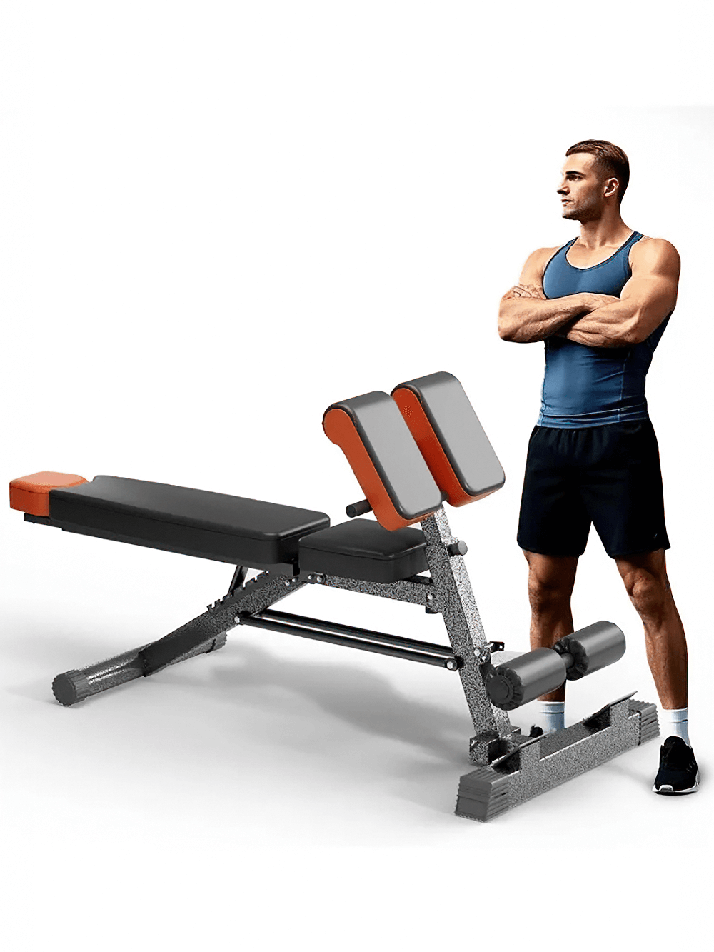 Man standing beside Adjustable All-in-One Weight Bench for Home Gym - SF3459 featuring a multi-purpose fitness setup