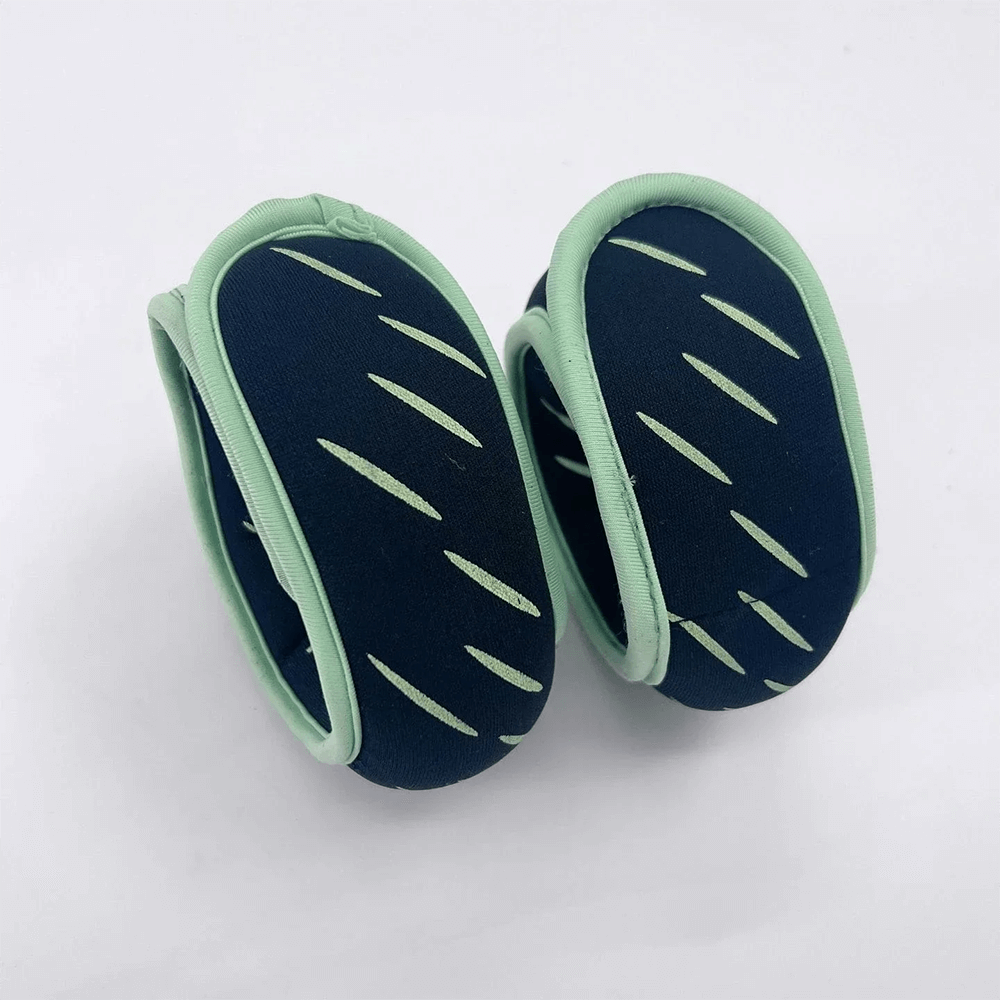 Pair of adjustable 1kg ankle and wrist weights for exercise, featuring a sleek blue and green design for fitness and workout routines.
