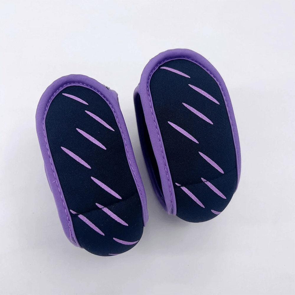Pair of purple adjustable ankle and wrist weights for exercise, ideal for running, yoga, and strength training. 1kg per pair.
