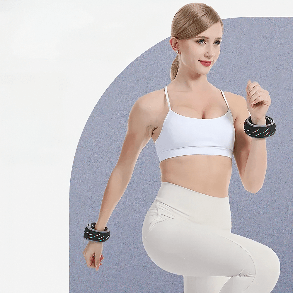 Woman exercising with adjustable ankle and wrist weights for enhanced workout performance in running, yoga, and strength training.