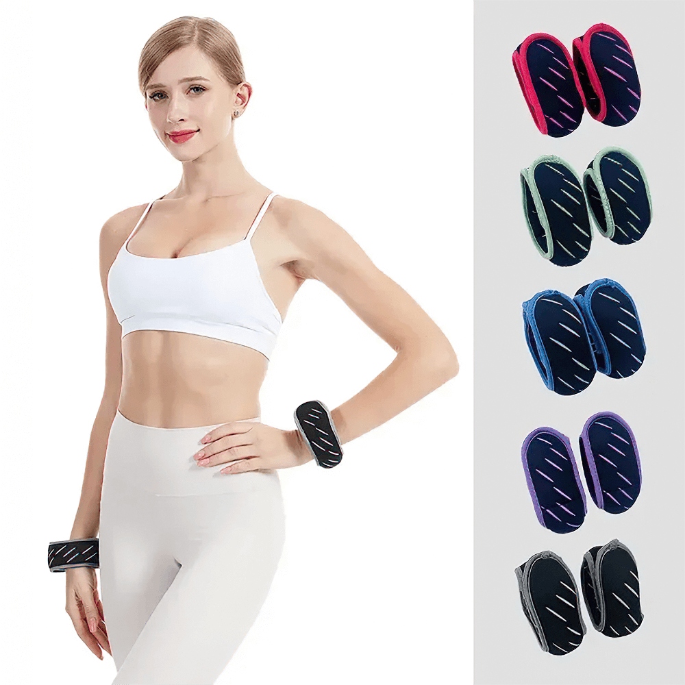 Person modeling adjustable ankle and wrist weights SF3360 for exercise, shown in multiple colors, ideal for fitness and yoga.