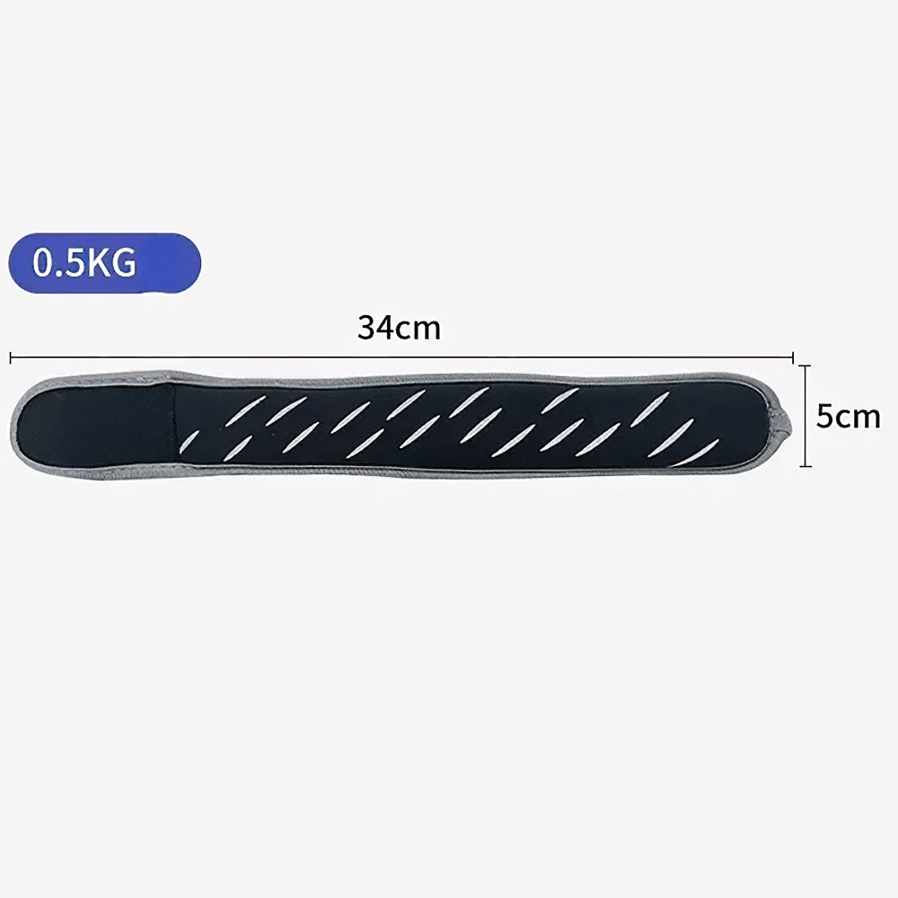 Adjustable wrist and ankle weight, black with white accents, 0.5kg, 34cm long, ideal for enhancing workout resistance.