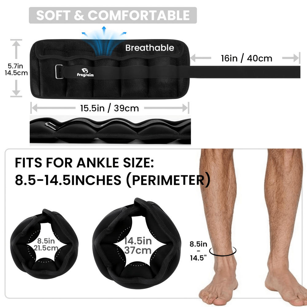 Breathable adjustable ankle weights, secure fit for 8.5-14.5 inches, perfect for workouts and physical therapy.