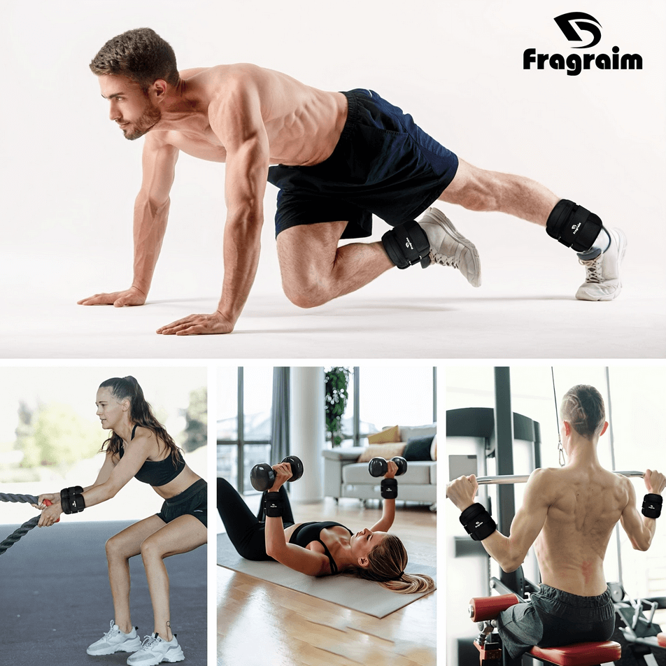 Fitness enthusiasts using adjustable ankle and wrist weights for diverse exercises like planking, weightlifting, and rope training.