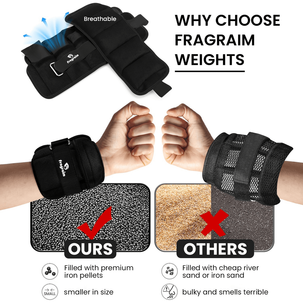 Comparison of Fragraim premium iron pellet wrist weights vs others with river sand fill.