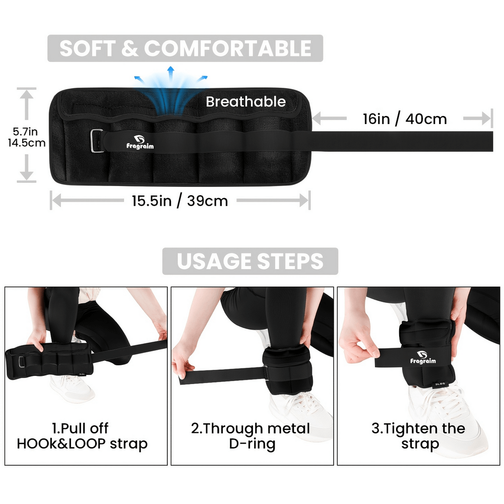 Soft adjustable ankle and wrist weights with breathable design and secure strap, showing usage steps for fitness and therapy.