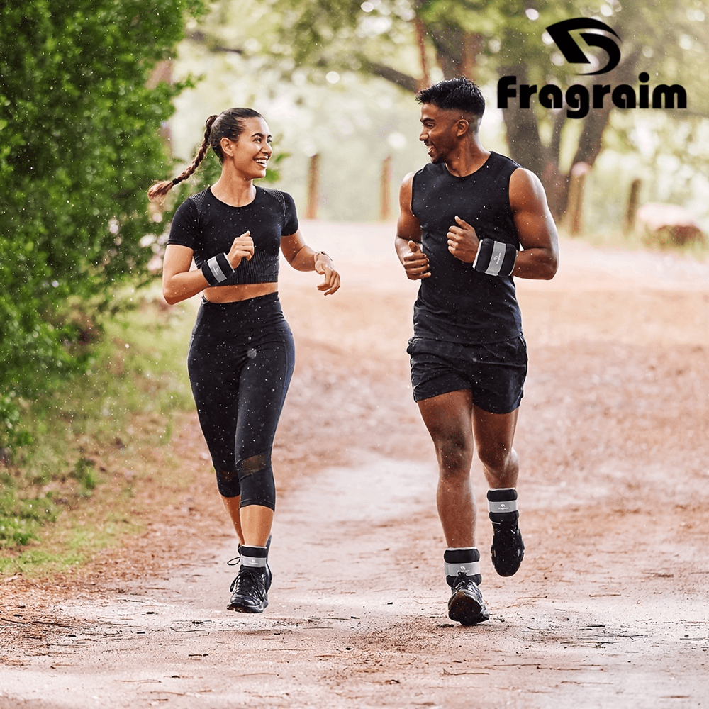 Couple jogging with adjustable ankle and wrist weights, perfect for enhancing workouts and physical therapy.