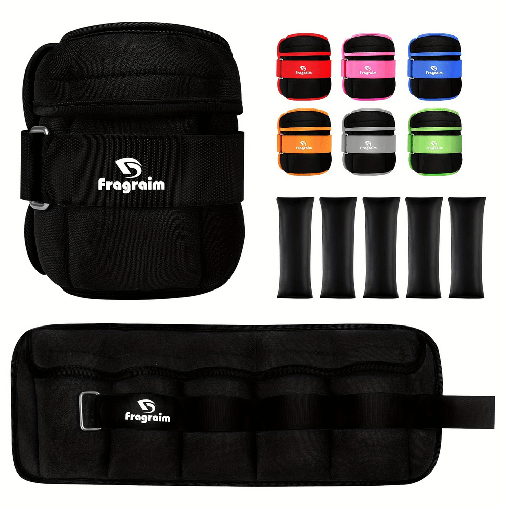 Adjustable ankle and wrist weights with removable inserts for fitness, shown in multiple colors, ideal for gym and home workouts.