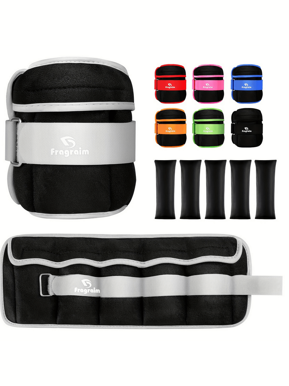 Adjustable ankle and wrist weights with removable inserts, available in multiple colors for versatile fitness training.